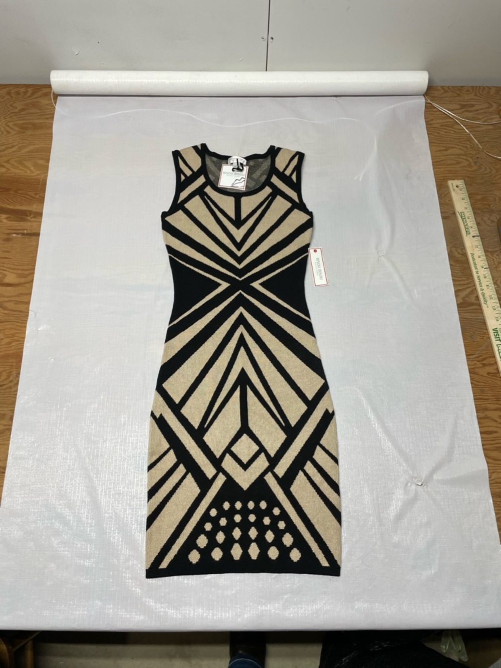 Bisou Bisou Black & Beige Geometric Sleeveless Midi Dress